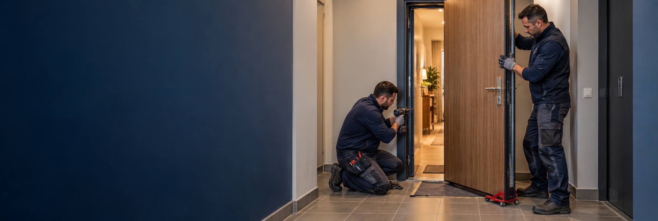 Serruriers installant une porte blindée sur le palier d’un appartement